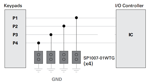 Schéma du circuit d'application - Littelfuse Réseau de diodes TVS discrètes bidirectionnelles SPA® SP1007 